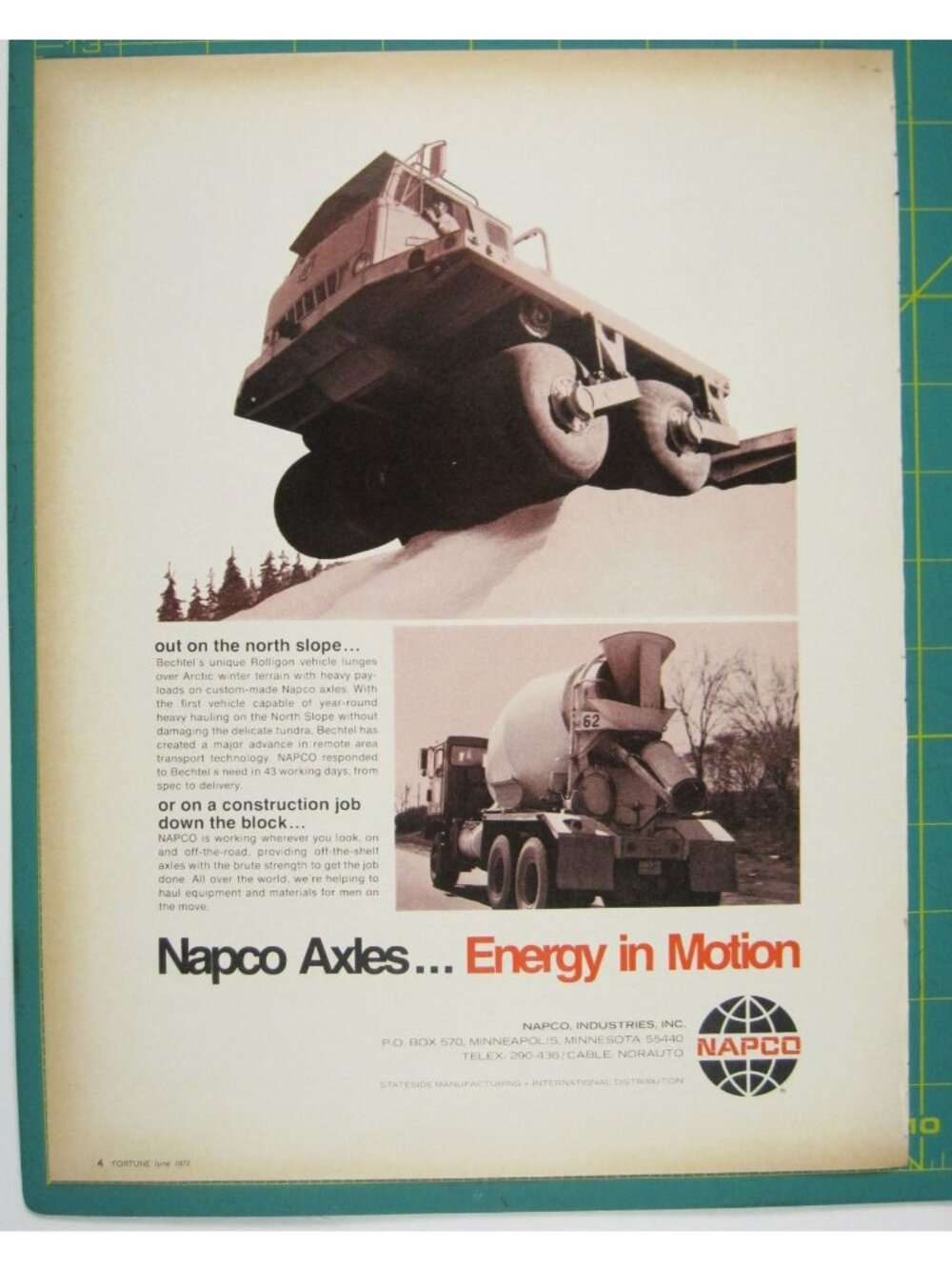 Print Ad Napco Axles Energy Motion Trucks Construction Equipment Vintage 1972